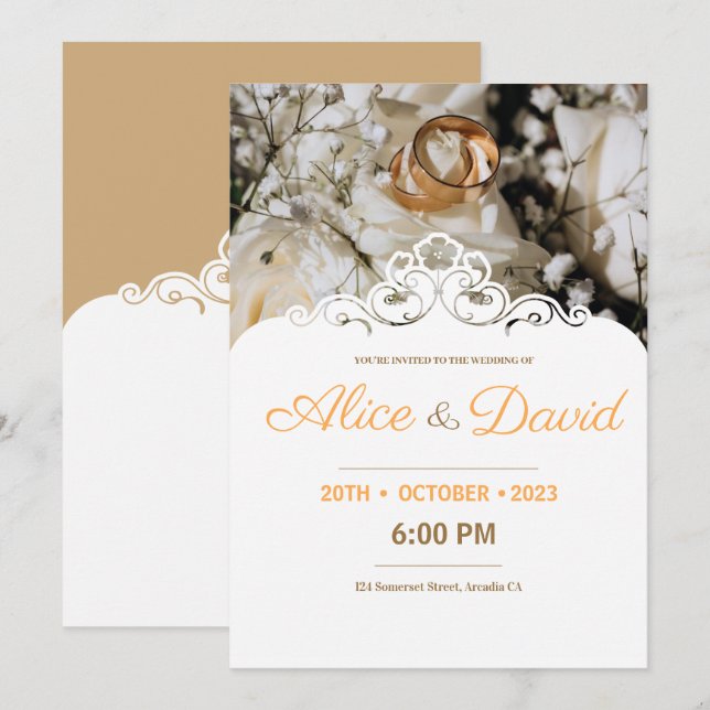 Modern Gold Rings With Lace Elegant Wedding  Invitation (Front/Back)