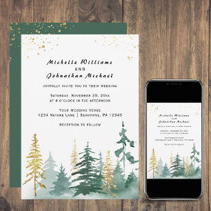 Modern Gold Sage Green Pine Trees Forest Wedding Invitation