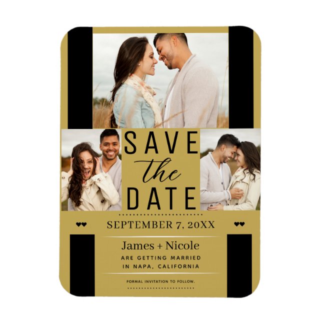 Modern Gold Save the Date 3 Photo Wedding  Magnet (Vertical)