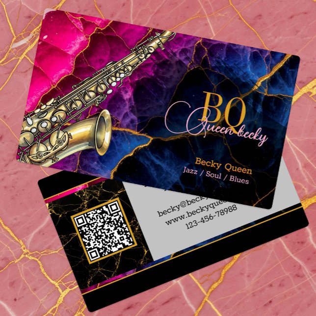 Modern Gold Saxophone Jazz & QR Code, Monogram Business Card (Saxophone, Monogrammed, Musician Business Card)