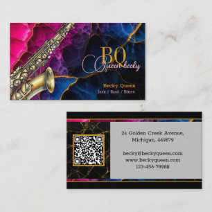 Modern Gold Saxophone Jazz & QR Code, Monogram Business Card