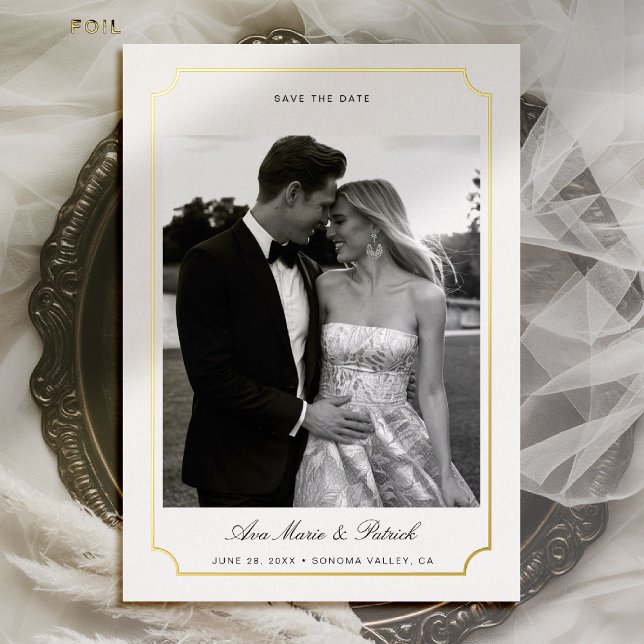 Modern Gold Scallop Frame Photo Wedding Save Date (wedding photo save the date gold scalloped frame formal modern classic elegant calligraphy)