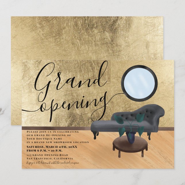 Modern gold scene beauty salon grand opening invitation (Front/Back)