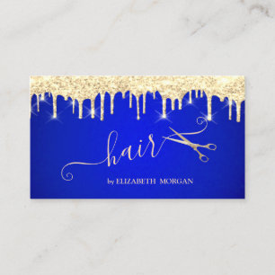 Modern Gold Scissors Gold Glitter Drips Royal Blue Business Card