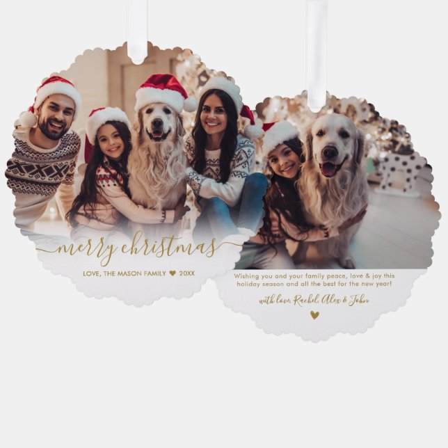Modern Gold Script 2 Family Photo Christmas Tree Decoration Card (Front/Back)