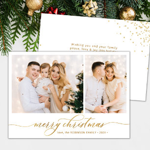 Modern Gold Script 2 Photo Collage Christmas Holiday Card