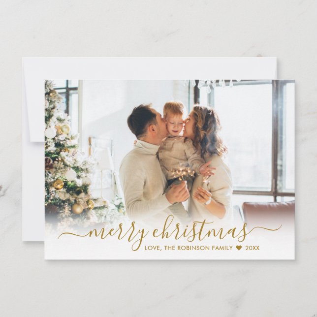 Modern Gold Script 2 Photo White Merry Christmas Holiday Card (Front)