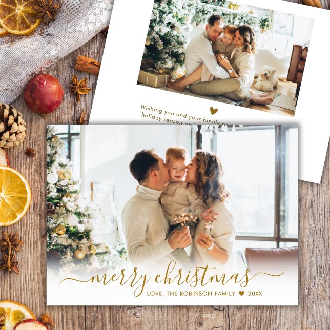Modern Gold Script 2 Photo White Merry Christmas Holiday Card (Creator Uploaded)