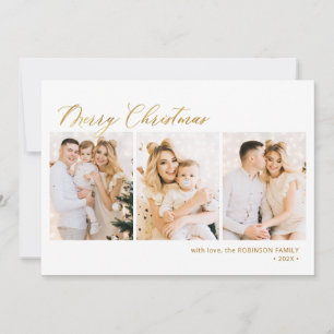 Modern Gold Script 3 Multi Photo Christmas Holiday Card