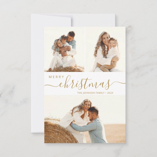 Modern Gold Script 3 Photo Collage Christmas Card (Front)
