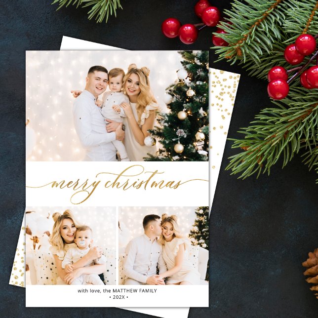 Modern Gold Script 3 Photo Collage Christmas Card (Creator Uploaded)