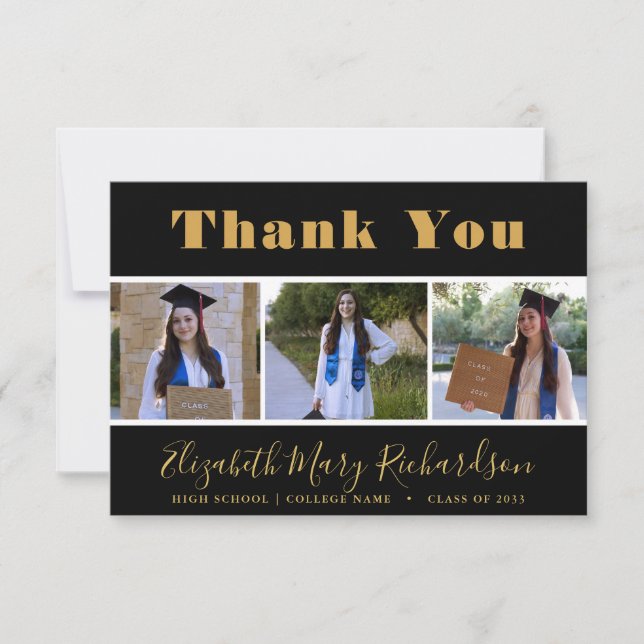 Modern Gold Script 3 Photo Graduation Thank You Card (Front)