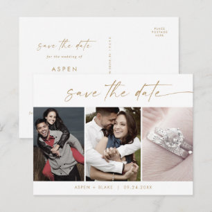 Modern Gold Script 3 Photo Template Save the Date