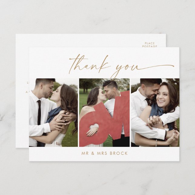 Modern Gold Script 3 Photo Template Thank You Postcard (Front/Back)