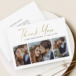 Modern Gold Script 3 Photo Wedding Thank You Card