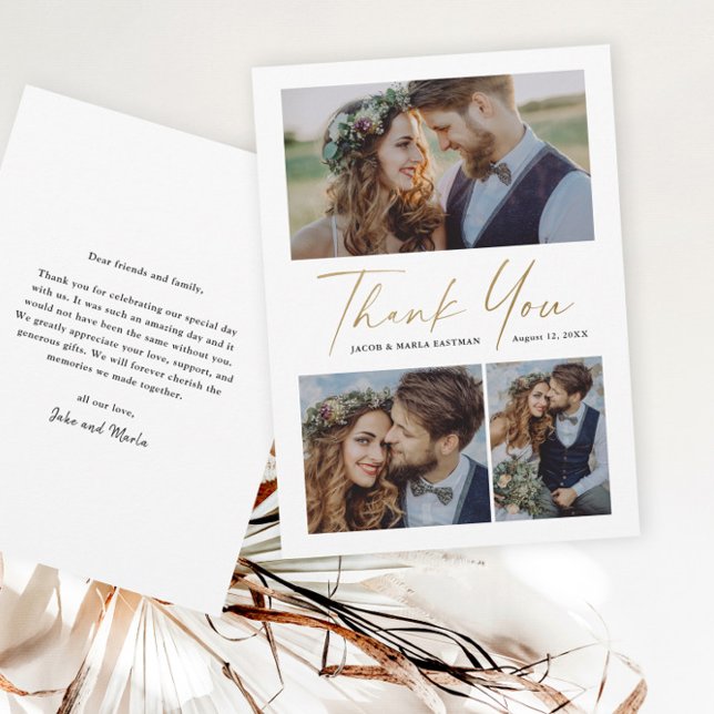 Modern Gold Script 3 Photo Wedding Thank You Card (Creator Uploaded)