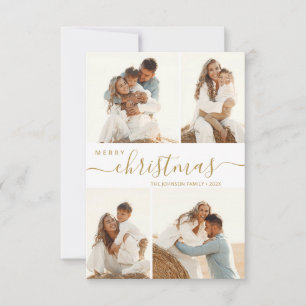 Modern Gold Script 4 Photo Christmas Holiday Card
