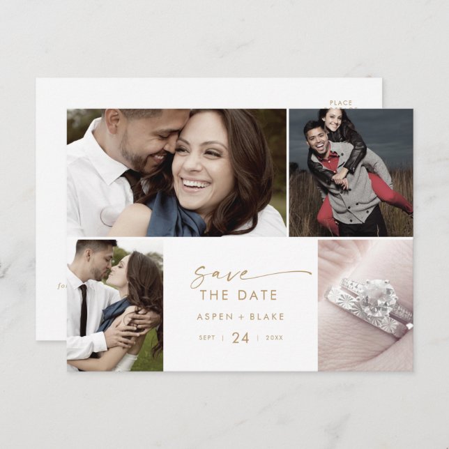 Modern Gold Script 4 Photo Template Save the Date (Front/Back)