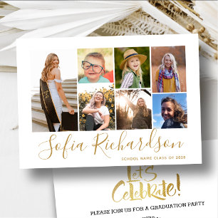 Modern Gold Script 7 Photo Minimalist Graduation  Invitation