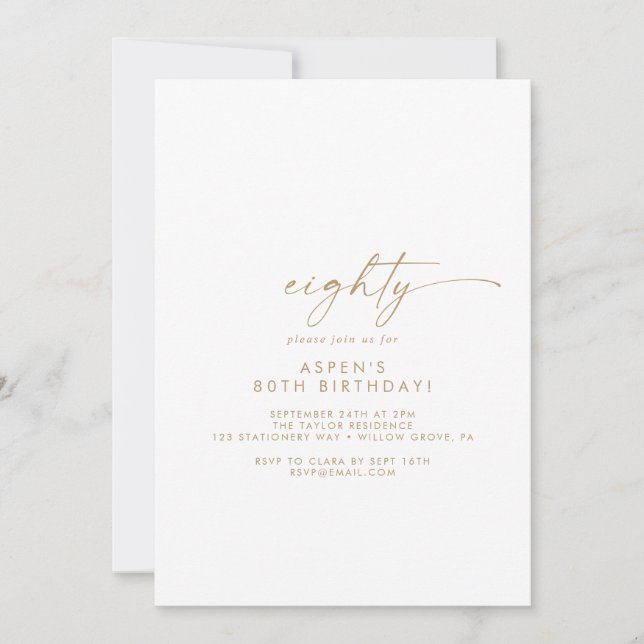 Modern Gold Script 80th Birthday Party Invitation (Front)
