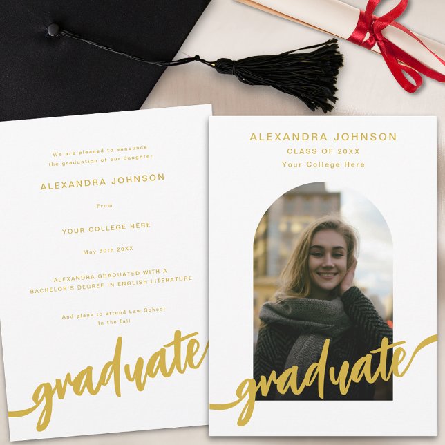 Modern Gold Script Arch Photo Graduation Announcement (Modern elegant gold script arch photo Graduation announcement card)