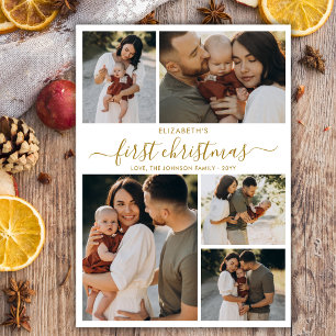 Modern Gold Script Baby’s First Christmas 5 Photo Holiday Card