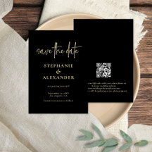 Modern Gold Script Black QR Code Wedding