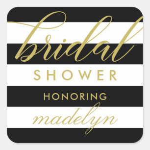 Modern Gold Script Black Stripes Bridal Shower Square Sticker
