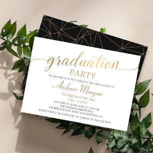 Modern Gold Script Black & White Graduation Party Invitation