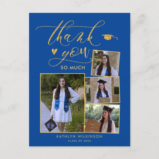 Modern Gold Script Blue Photo Graduation Thank You Postcard (Front)