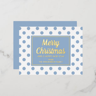 Modern Gold Script Blue Polka Dots Merry Christmas Foil Holiday Postcard