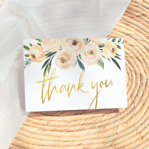 Modern Gold Script Blush Flowers Thank You Card