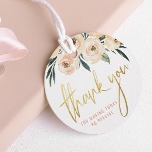 Modern Gold Script Blush Flowers Thank You Favour Tags
