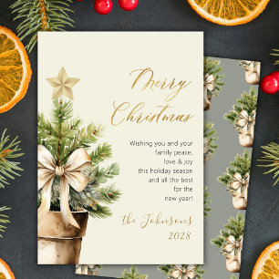 Modern Gold Script Bow Watercolor Christmas Tree Holiday Card