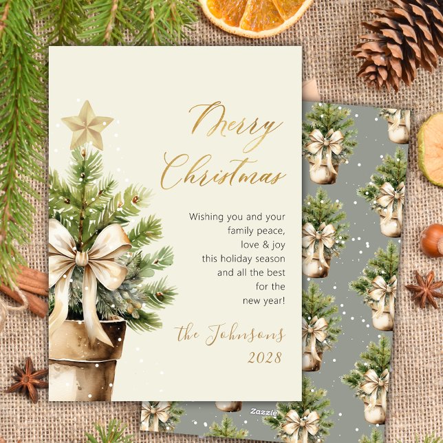 Modern Gold Script Bow Watercolor Christmas Tree Holiday Card (Creator Uploaded)