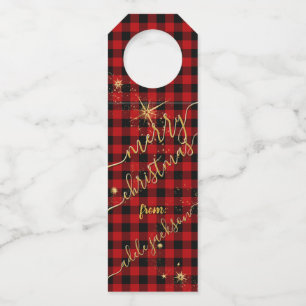 Modern Gold Script Buffalo Plaid Merry Christmas Bottle Tag