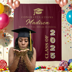 Modern Gold Script Burgundy Graduation Tapestry