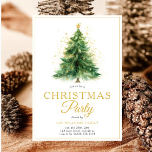 Modern Gold Script Christmas Tree  Party Invitation