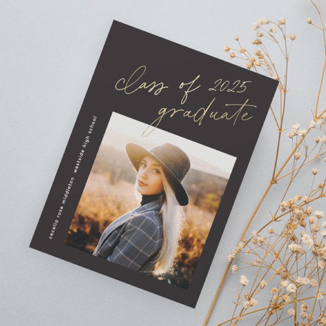Modern Gold Script Class of 2024 Photo Graduation  Invitation (Modern gold script class of 2025 photo graduation invitation.)