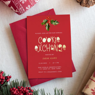 Modern Gold Script Cookie Exchange Christmas Party Foil Holiday Card