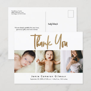 Modern Gold Script Custom 3 photo Baby Postcard