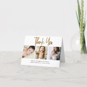 Modern Gold Script Custom 3 photo Baby Thank You Card