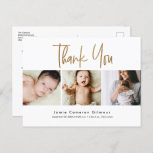 Modern Gold Script Custom 3 photo Baby Thank You Postcard