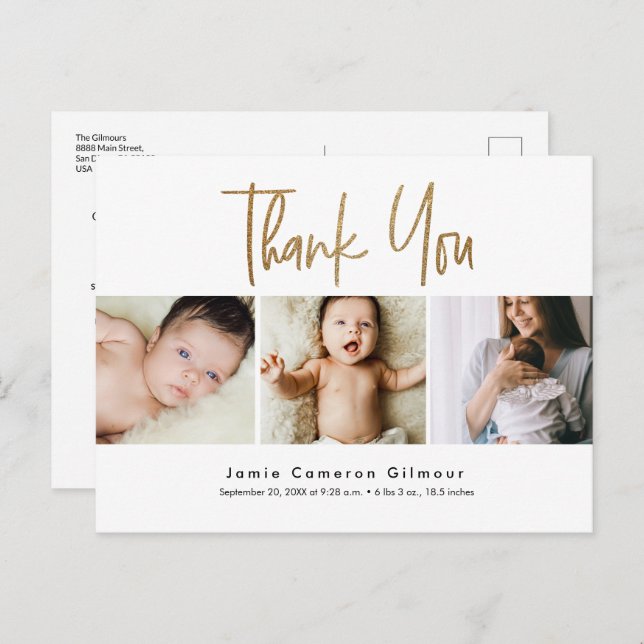 Modern Gold Script Custom 3 photo Baby Thank You Postcard (Front/Back)