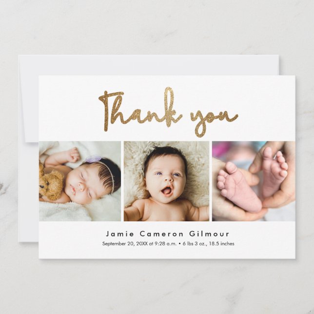 Modern Gold Script Custom 3 photos Baby Shower Thank You Card (Front)