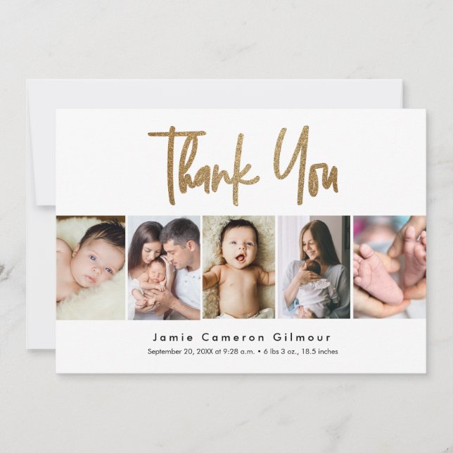 Modern Gold Script Custom 5 photo Baby Thank You Card (Front)
