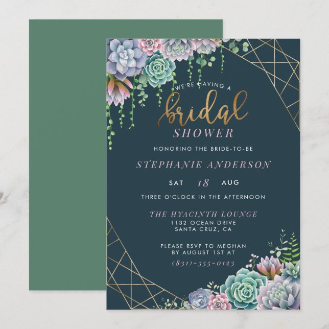 Modern Gold Script Cute Succulents Bridal Shower Invitation (Front/Back)