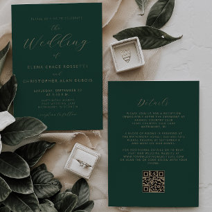 Modern Gold Script Emerald Green QR Code Wedding Invitation
