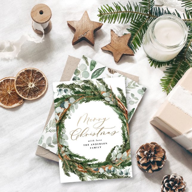 Modern gold script eucalyptus botanical Christmas Holiday Card (Creator Uploaded)
