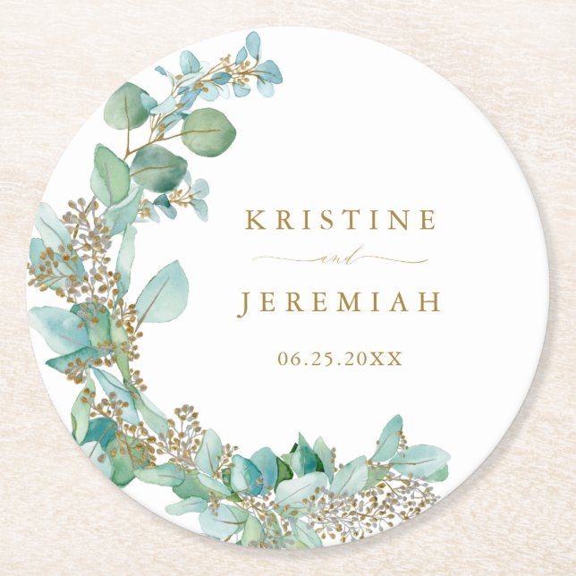  Modern Gold Script Eucalyptus Watercolor Wedding Round Paper Coaster (Front)